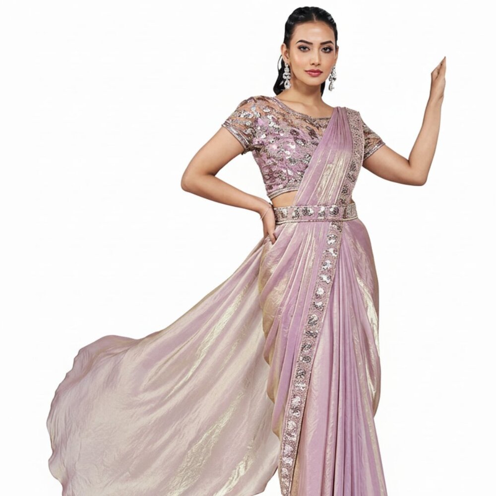 Elegant Sequined Satin Silk Saree in Pink and Gold for Occasions